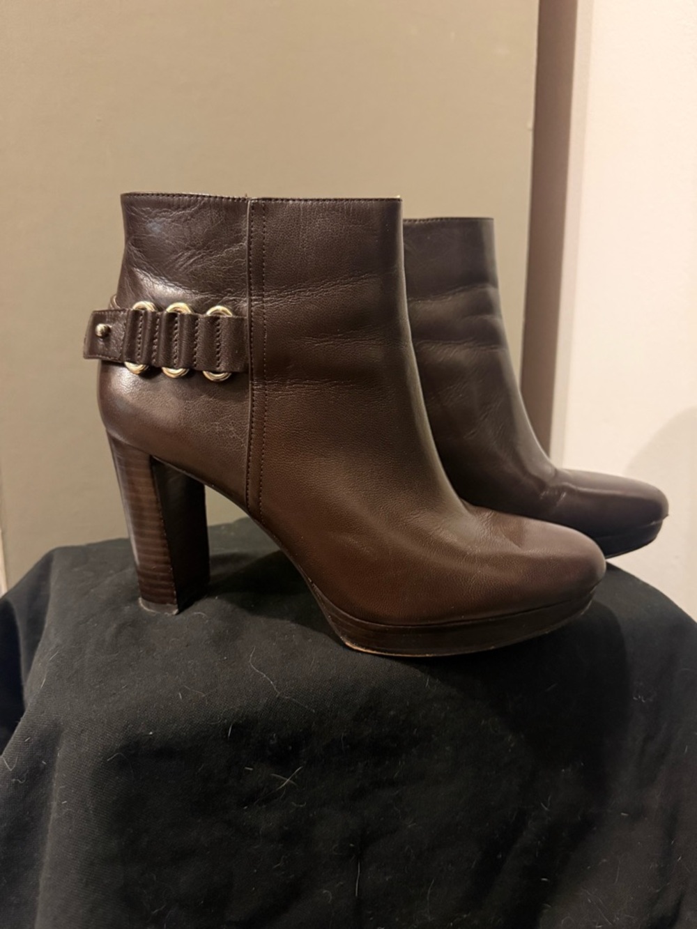 Nine West Dark Brown Leather Platform Ankle Boots with Gold Accent - Picture 2 of 7